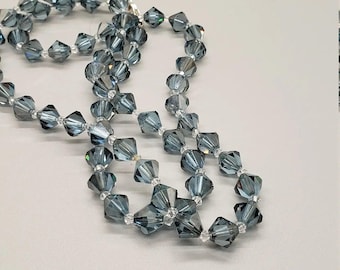 28" Montana Sapphire Blue Colored Swarovski Crystal Bi-cone, Clear Beaded Necklace, Sterling Lobster Claw Clasp,