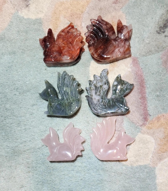 9 Tailed Fox Crystal Carving – Moss Agate, Fire Quartz, Rose Quartz – Mystical Spirit Animal Figurine