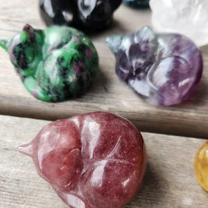 Carved Crystal Kittens, Sleeping Gemstone Cats Natural Fluorite, Ruby Zoisite, Quartz, Obsidian Healing Energy