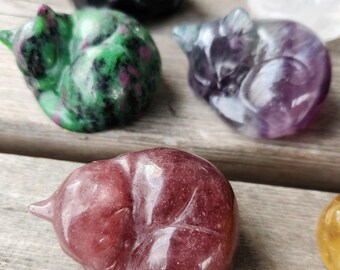 Carved Crystal Kittens, Sleeping Gemstone Cats Natural Fluorite, Ruby Zoisite, Quartz, Obsidian Healing Energy