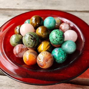 Crystal Balls, Hand-Carved Gemstone Spheres with Wooden Stands, Rose Quartz, Tiger Eye, Ruby Zoisite, Chakra Healing, Energy Balance