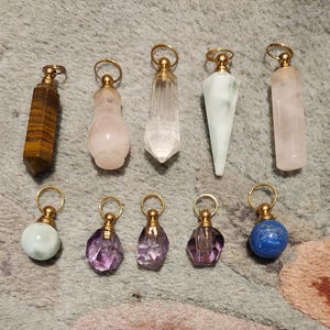Natural Carved Crystal Perfume Bottles Pendants,  Hexon, Ball, Amethyst, Tigers eye, Clear Quartz, Rose Quartz, Essential Oil Bottles