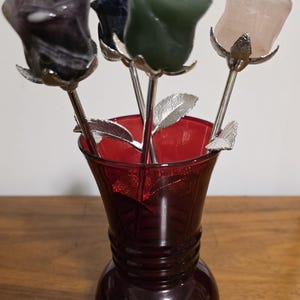 Crystal Bud Roses, Silver Long Stem | Large Carved Gemstone Flowers