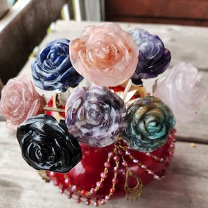 Gemstone Carved Roses with Gold Stem, Life Size Roses, Large Crystal Roses, Carved Crystal Roses, Crystal Flower, Approx 2.2&quot; Dia. 5.2OZ
