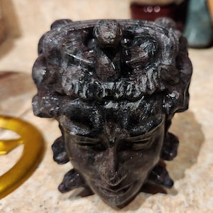 Crystal Carved Medusa, Medium Sized Carved Crystal Medusa, Larvikite Medusa, Garnet Astrophyllite Medusa Head, 1lb 13.5 OZ. Yooperlite
