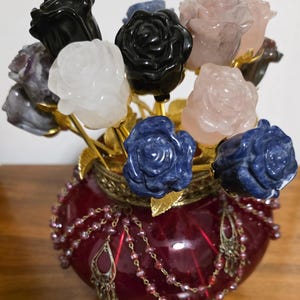 Crystal Rose Blooms Half, Gold Long Stem | Large Carved Gemstone Flowers