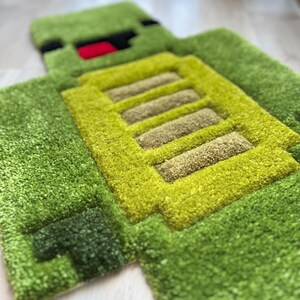Op maat getuft groen pixel cartoon held vloerkleed – Handgemaakt zacht gamer vloerkleed – pluizig wollen vloerkleed voor kinderkamer – gepersonaliseerd kunsttapijt