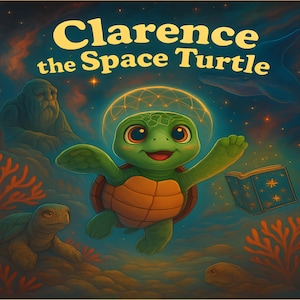 May include: A children's book cover illustration for "Clarence the Space Turtle." It depicts a cartoon turtle in space, a full moon, and a cat reading. The background is a night sky with stars and a whale.