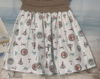 Handmade seaside dress for girls - 18 months/24 months - Taupe crochet & white cotton print with fun nautical motifs - Chic nautical theme