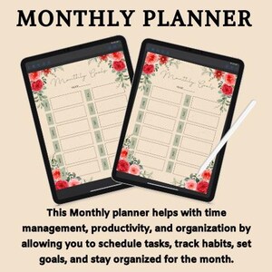 Druckbarer digitaler Monatsplaner, Floraler digitaler Kalender, Zieltracker, ästhetischer Produktionsplaner, undatierte Monatsvorlage, PDF Planer
