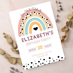 Rainbow Birthday Invitation, Editable Rainbow Birthday Invitation Template, Pastel Rainbow Invitation, Editable Kids Birthday Invites