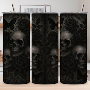 Gothic Skull and Roses Tumbler Wrap PNG – Dark Aesthetic with Black Butterflies | 20oz Skinny Tumbler Sublimation Design
