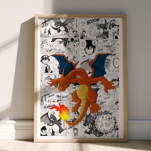 Pokemon Charizard Kids Wall Art Manga Poster - Curated Manga Panels - Digital Print