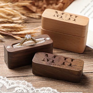 Personalized Wooden Wedding Ring Box with Wood Cover, Custom Engraved Engagement Proposal Holder, Bridal Gift for Her, Anniversary Gift