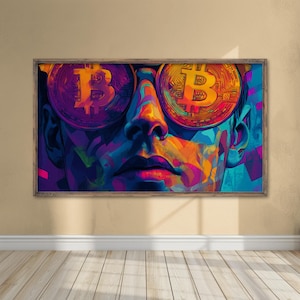 Op de afbeelding: Een kleurrijk abstract portret van een persoon die een zonnebril draagt met een Bitcoin-symbool op elke lens. De achtergrond is een levendige mix van blauw, paars, groen en oranje.