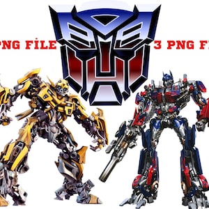 Op de afbeelding: Een gele en zwarte robot, Bumblebee, staat aan de linkerkant van de afbeelding. Een blauwe en rode robot, Optimus Prime, staat aan de rechterkant van de afbeelding. Het Autobot-symbool bevindt zich in het midden van de afbeelding. De tekst "3 PNG FILE" verschijnt twee keer in de afbeelding.