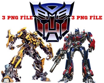 May include: A yellow and black robot, Bumblebee, stands on the left side of the image. A blue and red robot, Optimus Prime, stands on the right side of the image. The Autobot symbol is in the center of the image. The text "3 PNG FILE" appears twice in the image.