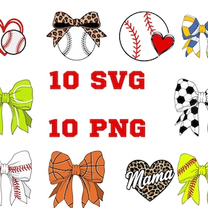 May include: A set of 10 SVG and 10 PNG digital files featuring various softball-themed designs. The designs include a heart with a softball inside, a softball with a heart, a softball with a bow, a bow with a softball, a bow with a soccer ball, a bow with a baseball, a bow with a leopard print, a heart with the word "Mama" in leopard print, and a bow with a yellow and green softball.