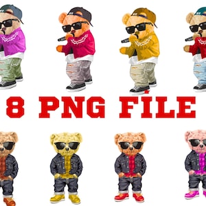 Osito de peluche 8 PNG, osito de peluche de hip-hop, oso de rap, oso genial con gafas de sol, cantante de conciertos de música, estampado de camiseta, lindo osito de peluche con chaqueta vaquera,