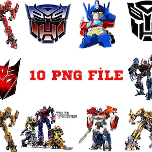 Puede incluir: Una colección de 10 imágenes digitales con personajes y logotipos de Transformers. Las imágenes incluyen a Optimus Prime, Megatron, Bumblebee y los símbolos de los Autobots y los Decepticons. Las imágenes están en formato PNG.