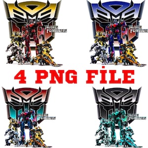 May include: Four digital illustrations of Transformers characters. Each illustration features a different colour scheme: yellow, blue, red, and green. The characters are posed in a dynamic action stance, with the Autobot symbol in the background. The text "TRANSFORMERS" is displayed in the top right corner of each image.