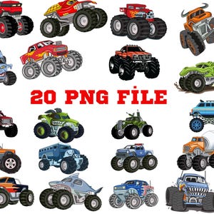 Op de afbeelding: Een verzameling van twintig kleurrijke monster truck illustraties. De trucks hebben verschillende ontwerpen, waaronder vlammen, schedels en haai-thema-elementen. De tekst "20 PNG FILE" wordt in het rood weergegeven.