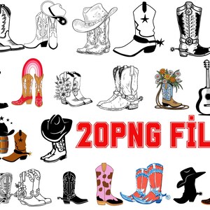 May include: A collection of cowboy boots and hats in various styles, including black and white line art, colorful designs, and a guitar. The image also includes the text "20 PNG FILE" in red.