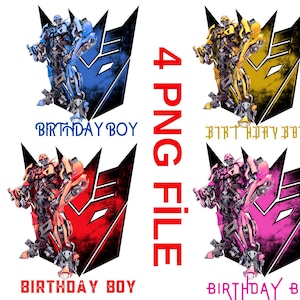 Puede incluir: Cuatro imágenes digitales de un personaje robot en diferentes colores. El robot está de pie frente a un símbolo en blanco y negro. El texto "Birthday Boy" está debajo de cada imagen.