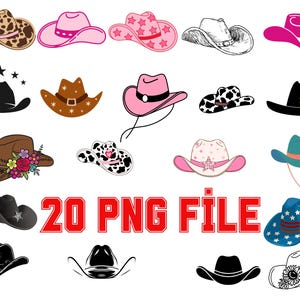 May include: A set of 20 digital files featuring various cowboy hat designs. The hats are in a variety of colors and styles, including pink, blue, red, black, brown, and white. Some hats have floral embellishments, stars, or other decorative elements. The text "20 PNG FILE" is displayed in red letters.