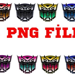 Op de afbeelding: Acht verschillende gekleurde robotkoplogo's met een zwarte omtrek. De logo's zijn in rood, zwart, groen, blauw, paars, teal, geel en bruin. De tekst "8 PNG FILE" staat onder de logo's.