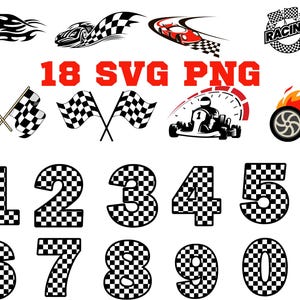 May include: A set of 18 black and white chequered SVG and PNG files featuring racing flags, numbers, and a race car. The text "18 SVG PNG" is displayed in red.