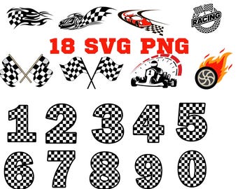 Könnte beinhalten: Ein Satz von 18 schwarz-weißen karierten SVG- und PNG-Dateien mit Rennflaggen, Zahlen und einem Rennwagen. Der Text "18 SVG PNG" ist in Rot dargestellt.