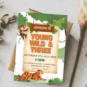 Personalised third birthday invitation young wild and three animal jungle themed digital download boy unisex cute party invite