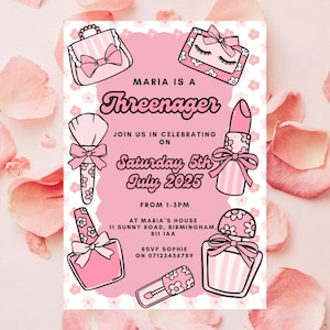 Personalised third birthday invitation threenager makeup pamper themed digital download girly cute party invite