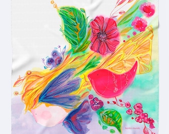 Pañuelo de seda Mulberry / Pañuelo para el cabello con estampado floral abstracto, colores tierra