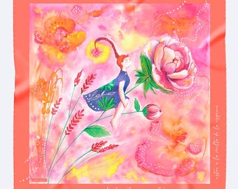 Pañuelo de seda pura con diseño «Sueños» dibujado a mano. Arte hecho en España.