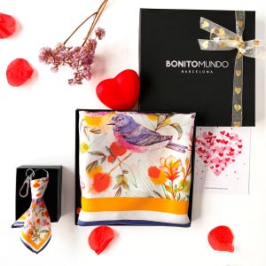 Silk Scarf Gift Set | Large Mulberry Twill Scarf + Silk Charm | Nature-Inspired Purple Flowers | Gift Box Included