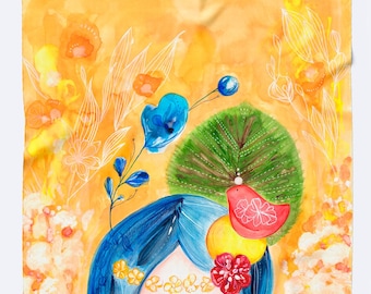 Pañuelo pequeño de seda / Amarillo, alegre diseño artesanal hecho en España