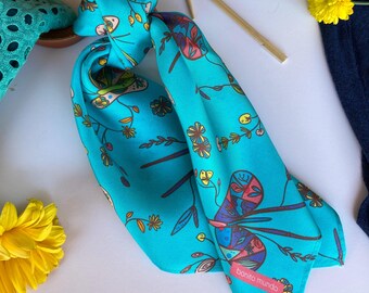 Pañuelo de seda de morera con diseño de mariposas, estilo boho chic turquesa