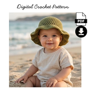 May include: A smiling baby wearing a green crochet sun hat and a light-colored linen outfit sits on a sandy beach. The image includes the text "Digital Crochet Pattern" at the top, with a PDF icon and a download icon.