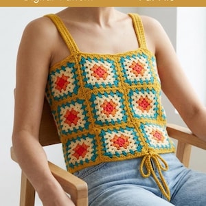 Wzór na szydełkowy top Grandma Square w formacie PDF, szydełkowy top w stylu boho na lato, wzór na patchworkowy top bez rękawów, dla początkujących w rozmiarach XS-5XL