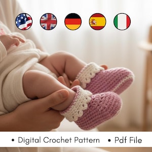 Scarpine all'uncinetto per neonati, modello PDF, tutorial facile per realizzare scarpette per neonati, scarpette da ginnastica e scarpine con risvolto per neonati, idea regalo fai da te per baby shower, adatte ai principianti