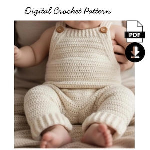 May include: A cream-colored, crocheted baby romper with wooden button closures. The text "Digital Crochet Pattern" is displayed at the top. A PDF icon and a download arrow are in the upper right corner. The romper is handmade and appears soft and comfortable.
