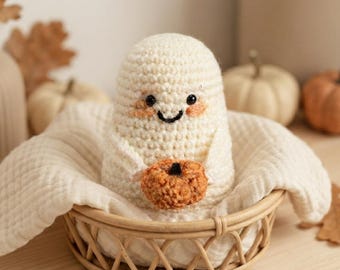 Patrón de fantasma a crochet en PDF / Patrón de amigurumi de Halloween / Fantasma con calabaza / Decoración de Halloween a crochet / Juguete de crochet espeluznante