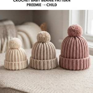 Puede incluir: Tres gorros de ganchillo para bebé en color crema, beige y rosa empolvado, cada uno con textura acanalada y un pompón a juego en la parte superior. El texto CROCHET BABY BEANIE PATTERN PREEMIE → CHILD aparece arriba en letras negras.