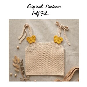 Patrón de top sin mangas Flutter Charm a crochet en PDF, patrón de top de crochet con mariposa, top sin mangas de verano DIY, patrón de top de crochet fácil, camiseta de crochet de verano