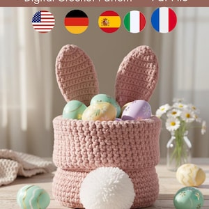 Patron au crochet pour panier de lapin de Pâques PDF | Panier de Pâques au crochet DIY | Oster Korb Häkelmuster PDF | Patrón de Pascua Ganchillo | Modèle Lapin