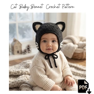 Puede incluir: Un gorro de bebé de ganchillo negro con orejas de gato con detalles interiores blancos y bigotes blancos en los lados. El gorro tiene un cierre de lazo bajo la barbilla. El texto Cat Baby Bonnet Crochet Pattern aparece en la parte superior.