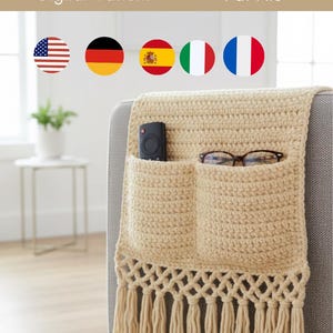 Crochet Sofa Organizer Pattern PDF Multi-Language Couch Arm Caddy Remote Holder Storage Pocket Easy Beginner Crochet Pattern Photo Tutorial
