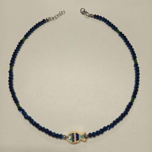 Blue Crystal Beaded Necklace with Enamel Fish Charm – Ocean-Inspired Handmade Choker, Summer Beach Jewelry Gift